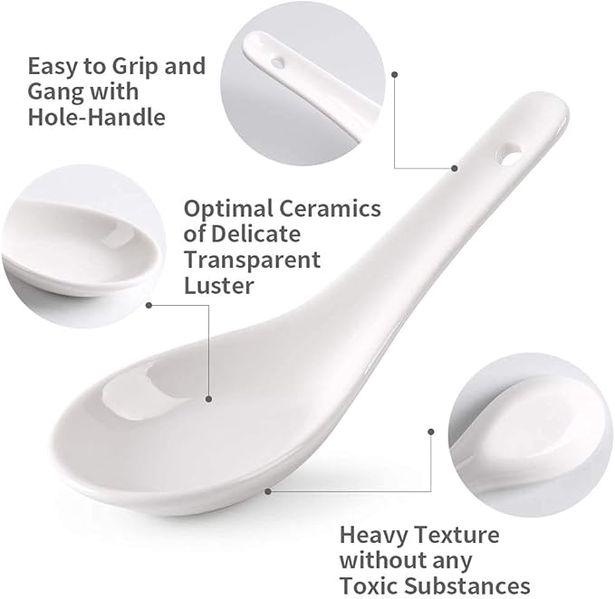 Soup Spoons Set of 6, Asian Ceramic Soup Spoons 5.3" Ramen Spoons Proper for Corelle Pho Miso Wonton Ramen Dumpling Macaron Dishwasher & Oven Safe