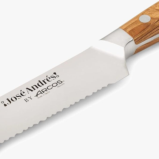 Arcos Jose Andres Bread Knife | 8-Inch Forged Knife for Artisan Breads & Bakery Goods | NITRUM Stainless Steel Blade with Silk Edge | Ergonomic Light Brown Holm Oak Handle