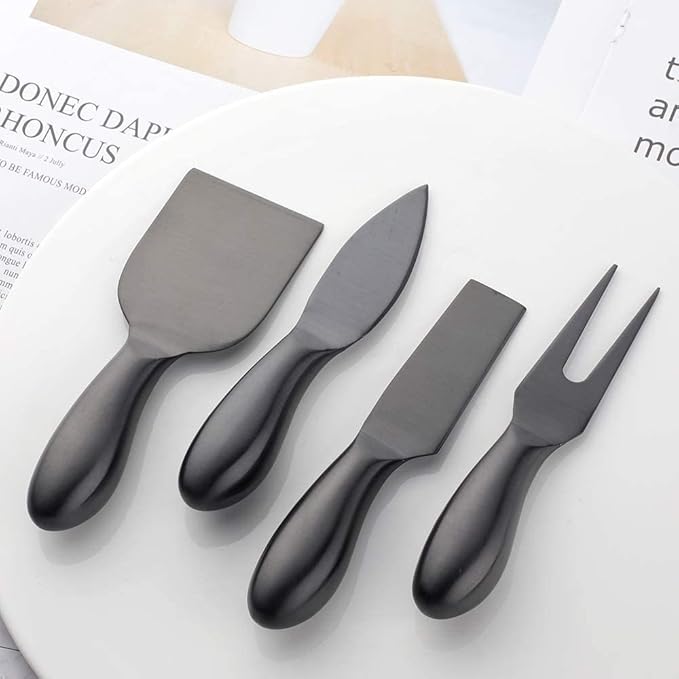 Buyer Star Black 4 Piece Cheese Knife Set Stainless Steel Mini Cheese knives Charcuterie Board Accessories Cheese Spreader Knife with Present Box for Charcuterie, Present-Ready