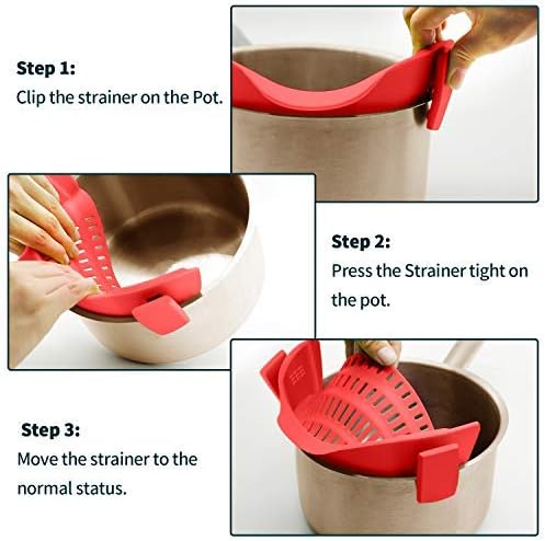 Clip On Strainer Silicone for all Pots and Pans, AUOON Pasta Strainer Clip on Food Strainer for Meat Vegetables Fruit Silicone Kitchen Colander