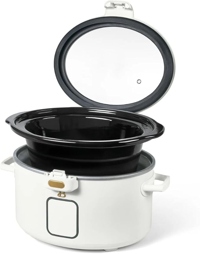 Beautiful by Drew 4.0-Quart Programmable Slow Cooker with Hinged Lid, Digital Timer, Keep Warm Function, Removable Stoneware Pot, Stainless-Steel Accents