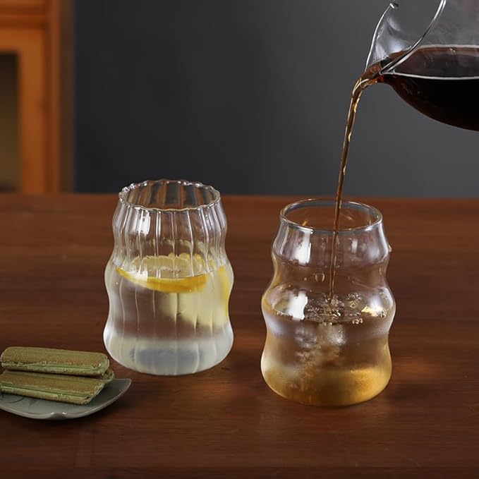 2 Pcs Ribbed Glass Cups, 18 Oz Vintage Drinking Glassware with Wave Shape Design, Bubble Cups for Iced Coffee, Juice, Beverage, Milk, Cocktails, Bubble Tea, and More