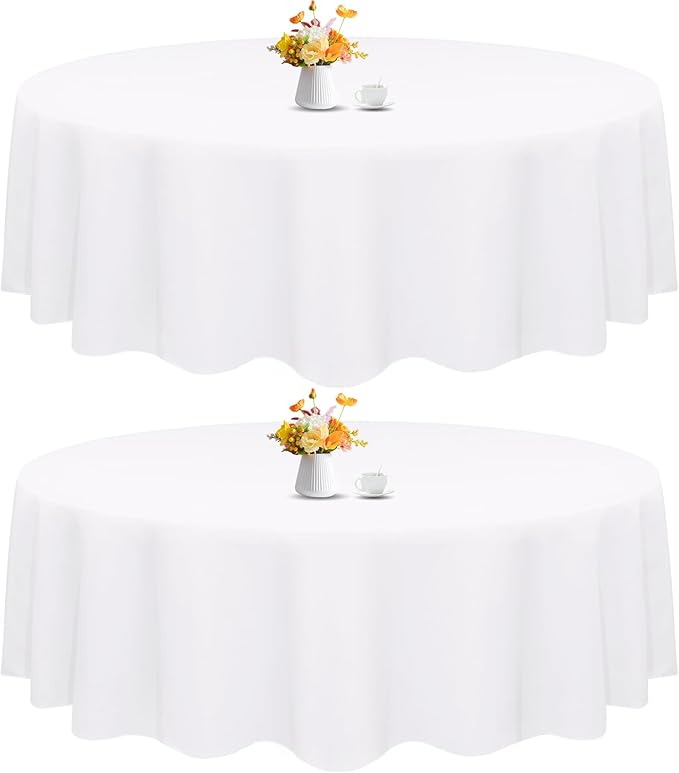 HAISIWLKJ 2 Pack 90 Inch White Round Tablecloth for Round Table Washable Reusable Outdoor Polyester Fabric Decorative Dining Table Cover for Buffet, Camping, Baby Shower, Party