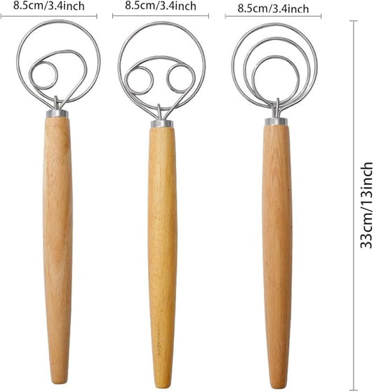 Danish Dough Whisk, 13-Inch Stainless Steel Hook Dutch Hand Mixer with Wooden Handle, Kitchen Tools For Cooking, Sourdough Baking