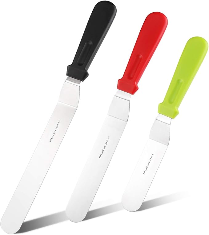 PUCKWAY 3 Metal Cake Offset Spatulas, 6 8 & 10 Inch Frosting Angled Icing Spatula for Decorating