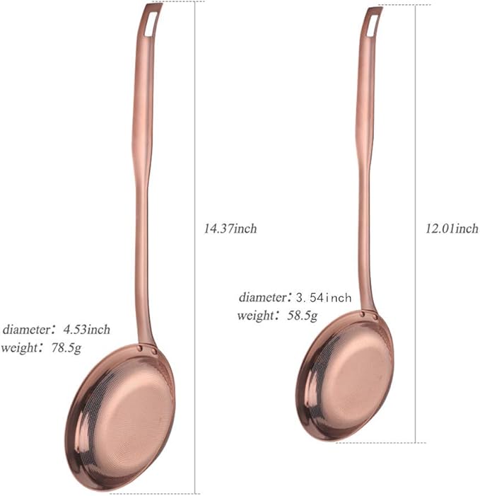 Set of 2 Food Strainers Fine Mesh, Mingcheng 304 Stainless Steel Hot Pot Fat Skimmers for Cooking Grease Gravy and Foam with Long Handle, Small(Dia 3.54in) and Large(Dia 4.53in) Size Rose Gold