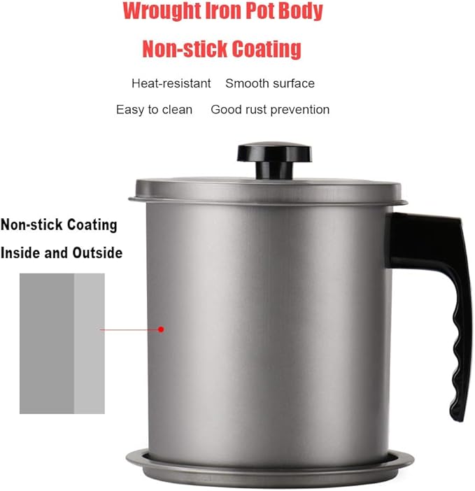 Cambom Bacon Grease Container with Fine Mesh Strainer, 1.6L almost 7 Full Cups Iron Cooking Oil Can with Removable a Coaster Tray for Kitchen Fat Storage Grey