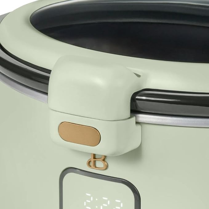 Beautiful by Drew 4.0-Quart Programmable Slow Cooker with Hinged Lid, Digital Timer, Keep Warm Function, Removable Stoneware Pot, Stainless-Steel Accents (Sage Green)