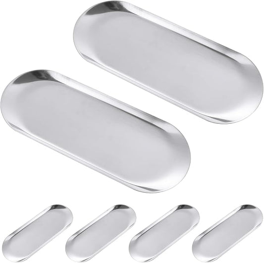 CYEAH Stainless Steel Decorative Tray Set of 6, Silver Decorative Tray 9 inch, Oval Jewelry Dish Bathroom Vanity Small Serving Trays Candle Holder, Stainless Steel Cosmetics Perfume Trays