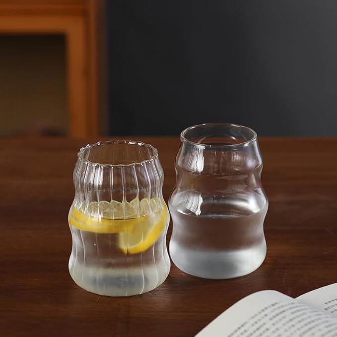2 Pcs Ribbed Glass Cups, 18 Oz Vintage Drinking Glassware with Wave Shape Design, Bubble Cups for Iced Coffee, Juice, Beverage, Milk, Cocktails, Bubble Tea, and More