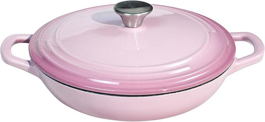 Flavehc Braiser Enameled Cast Iron Braiser 2.25 qt Braiser Pan with Lid Pink Shallow Cast Iron Casserole Braiser Pan with Handels