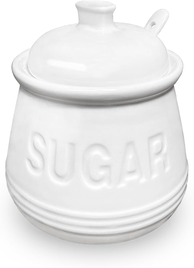 Sugar Bowl with Lid and Spoon, Ceramic Sugar Containers for Countertop, Sugar Dish Jar Coffee Bar Accessories, Covered Sugar Holder for Kitchen 12oz, White