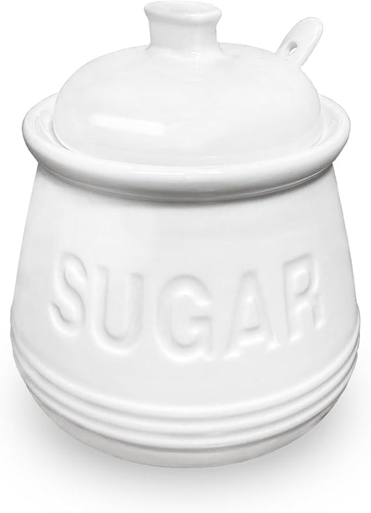 Sugar Bowl with Lid and Spoon, Ceramic Sugar Containers for Countertop, Sugar Dish Jar Coffee Bar Accessories, Covered Sugar Holder for Kitchen 12oz, White