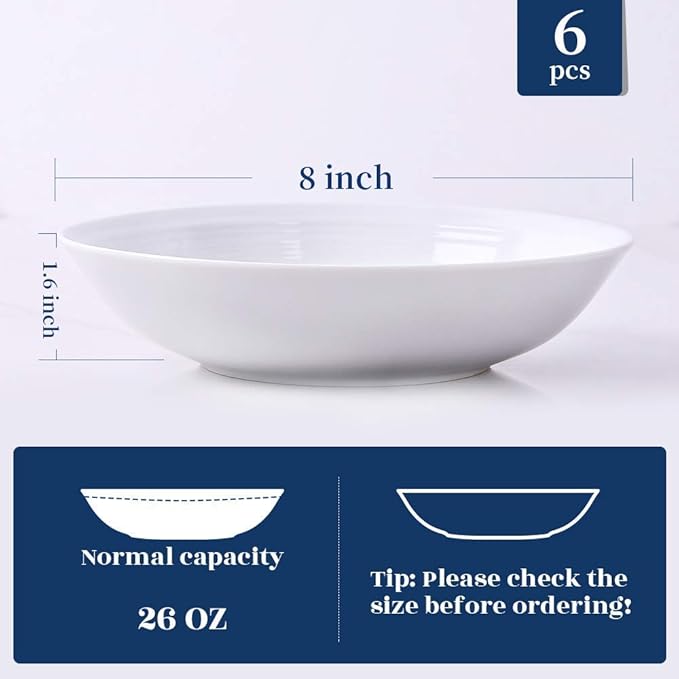 Y YHY 26 Ounces Porcelain Pasta Salad Bowls, White Soup Bowl Set, Wide and Shallow, Set of 6, Spiral Pattern, Christmas Thanksgiving