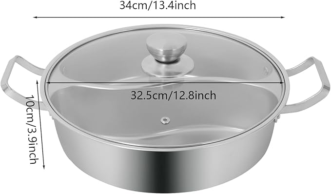Double-flavor Hot Pot, Stainless Steel Soup Cookware with Divider & Clear Lid, for Induction Cooktop, Gas Stove & Hot Burner Shabu Pot with Cooking Pot for Family Gathering Home Camping Party (12.8in)