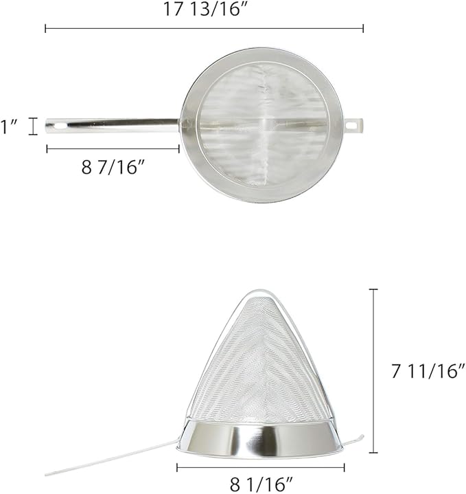 TrueCraftware- 1-1/2 qt. Stainless Steel 8" Reinforced Bouillon Strainer Fine Mesh- Cone Shaped Strainer Food Strainer Juice Strainer Kitchen Tools Food Colander For Straining Seeds Beans Sauces