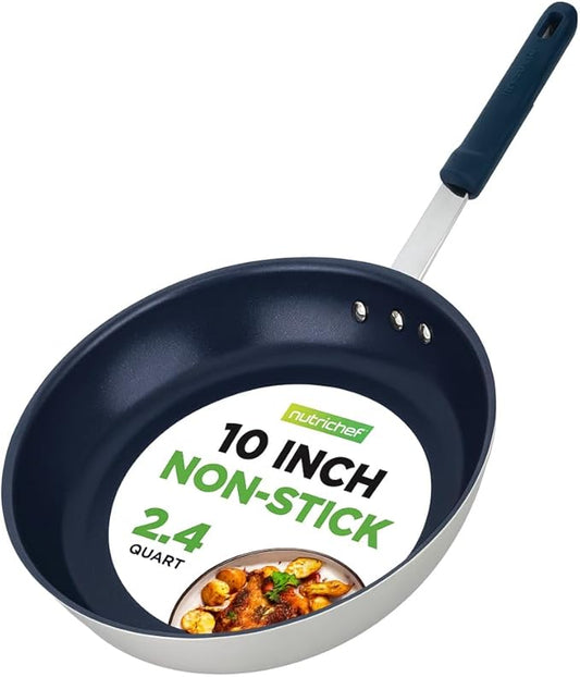 NutriChef 10 Inch Non Stick Ceramic Coated Frying Pan, Aluminum Frying Pan with Silicone Handle, Stain-Resistant, PFOA Free – Compatible with Gas, Electric, Induction, and Ceramic Cooktops
