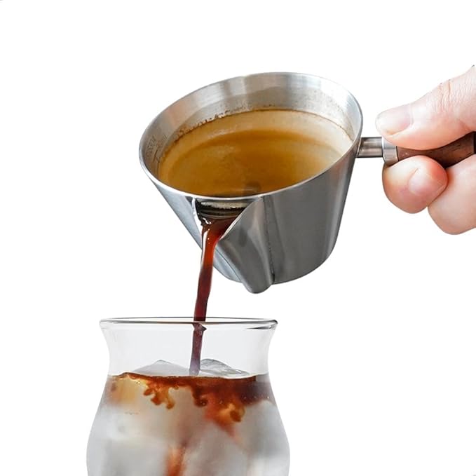 watchget 3.4oz/100ml Crema-Removed Espresso Shot Cup with Wooden Handle Stainless Steel Espresso Measuring Cup Espresso Shot Pitcher with V-Shaped Mouth for Barista Cafe Home