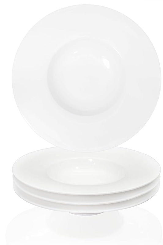 Ceramic Wide Rimmed Soup Plate, Soup Bowl 8 oz, Pasta Bowl Set of 4, White Shallow Bowl Plate with Rim, Best choice for high-end restaurants, hotels, and foodies, 9.6 Inch