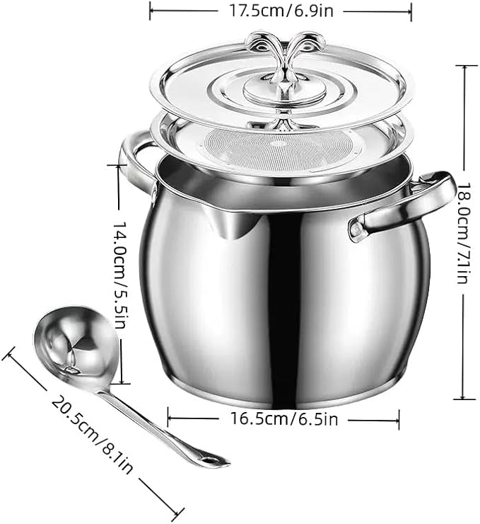 118oz Stainless Steel Jumbo Bacon Grease Container with Removable Strainer, Grease Spoon and Dust-proof Lid, Kitchen Filter Pot for Storing Fat, Bacon Drippings, Lard and Ghee oil