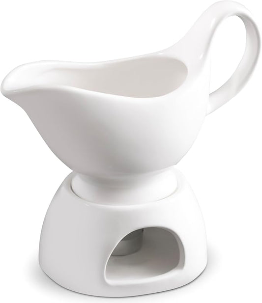 Porcelain Gravy Sauce Boat with Stand and Candle, white