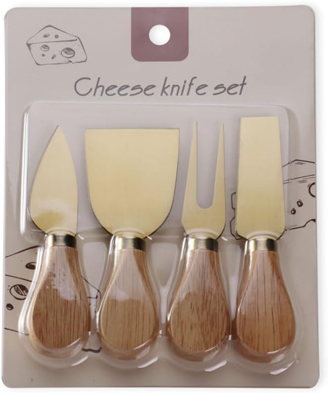 4-Piece Set of Stainless Steel Cheese Knives with Wood Hand, Including Cheese Slicer and Cheese Cutters, Essential Cheese Tools for the Kitchen (Oak handle, Gold)