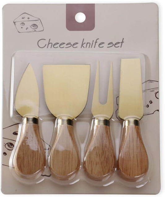 4-Piece Set of Stainless Steel Cheese Knives with Wood Hand, Including Cheese Slicer and Cheese Cutters, Essential Cheese Tools for the Kitchen (Oak handle, Gold)