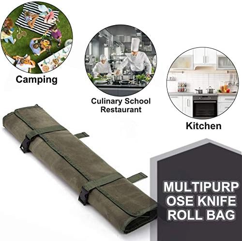 Chef’s Knife Roll Bag,Waxed Canvas Knife Cultery Carrier, Portable Chef Knife Cases,Knife Pouch Holders With 10 Slots Plus 1 Zipper Pockets Can Hold Home Kitchen Knife Tools Up To 18.8”