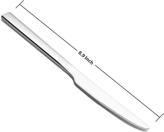 E-far Dinner Knives Set of 6, 8.9 Inch Stainless Steel Serrated Steak Butter Knife for Home Kitchen Restaurant, Modern Design & Square Edge, Mirror Finish & Dishwasher Safe