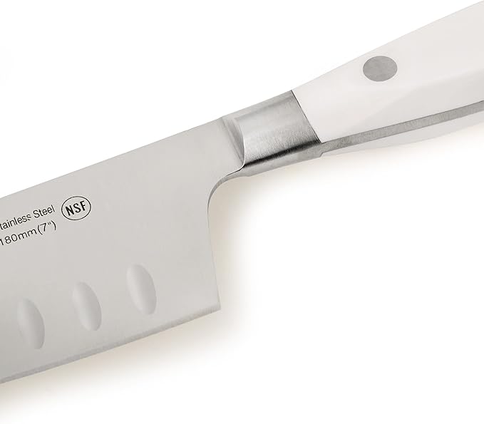 ARCOS Rocking Santoku Knife 7 Inch Stainless Steel. Japanese Professional Kitchen Knife for Cutting Fruits and Vegetables. Ergonomic White Handle. Series Riviera Blanc