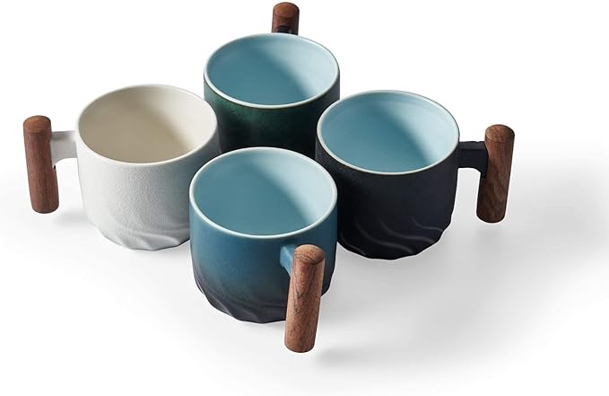 Ceramic Espresso Cups with Wooden Handle Shot Tea Porcelain Demitasse for Coffee or Tea, 3oz (Mixed, 4), 001
