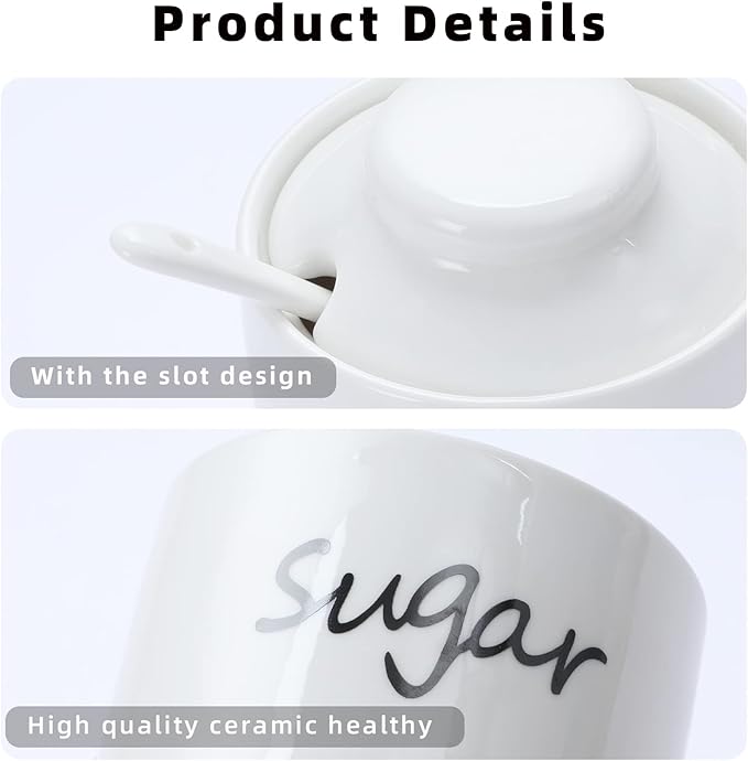 ONTUBE Ceramic Small Sugar Bowl with Lid and Spoon,Porcelain Sugar Pot,8oz (White)