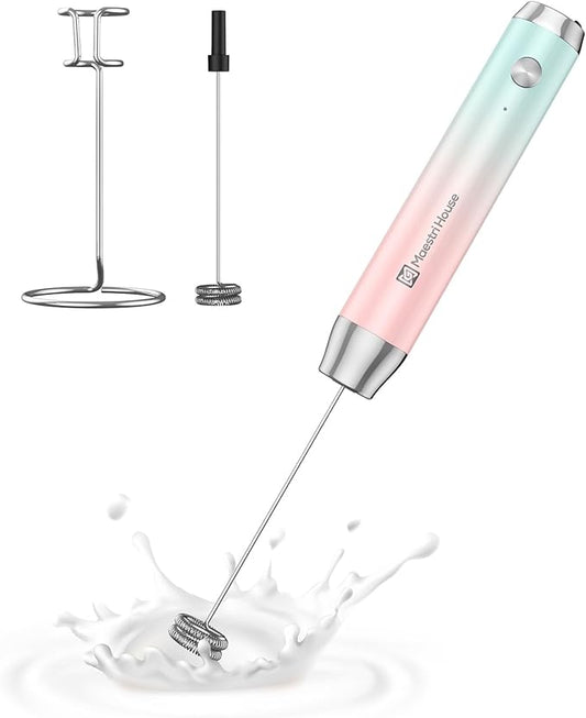 Maestri House Rechargeable Milk Frother with Stand, LunaFro Handheld Electric Foam Maker Waterproof Detachable Stainless Steel Whisk Drink Mixer Foamer for Lattes, Cappuccino