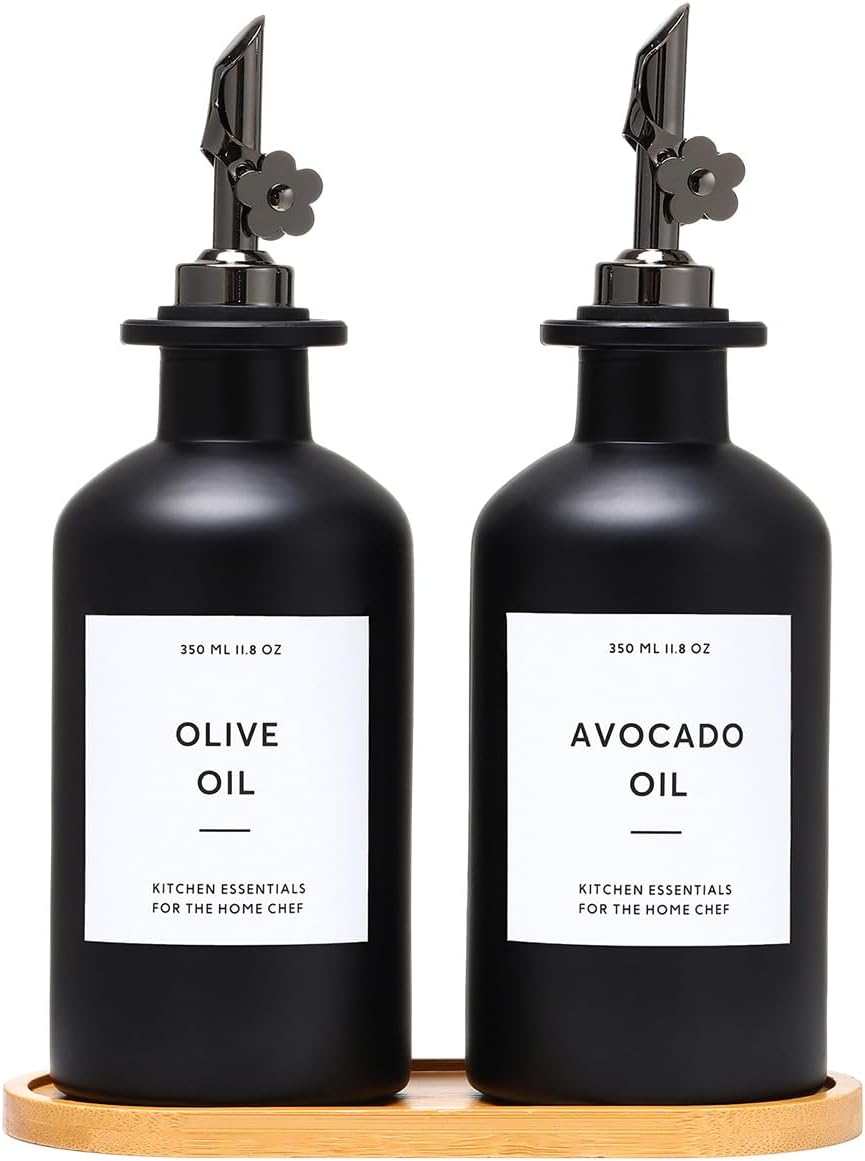 HOMCDALY Olive Oil Dispenser for Kitchen, 11.8oz Glass Kitchen Dispenser Bottle, Black Oil&Vinegar Cruet Set, Leakproof Olive Oil Bottles | Set of 2 (11.8oz – Black) Visit the HOMCDALY Store