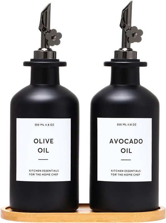 HOMCDALY Olive Oil Dispenser for Kitchen, 11.8oz Glass Kitchen Dispenser Bottle, Black Oil&Vinegar Cruet Set, Leakproof Olive Oil Bottles | Set of 2 (11.8oz – Black) Visit the HOMCDALY Store