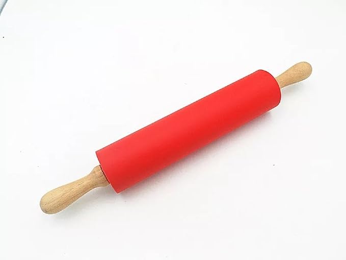Silicone Rolling Pin Non Stick Surface,Rolling Pins For Baking With Wooden Handle,Dough Roller For Pizza,Bread,French Fondant,dough,Pie Cookie,Handmade Noodles1.97X15.15 (Red)