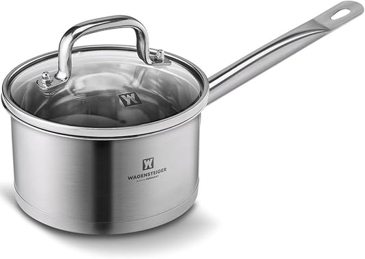 WAGENSTEIGER 2.23 Quarts 3-Ply Stainless Steel Saucepan with Aluminum Core, Tempered Glass Lid, Compatible with All Cooktops, Quick & Even Heating, Rust & Corrosion Resistant (6.89" Diameter)
