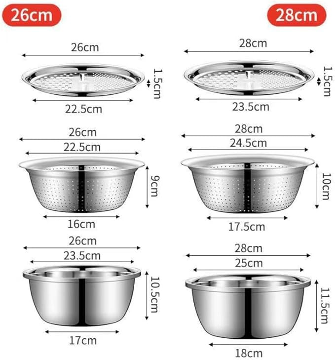 Germany Multifunctional Stainless Steel Basin, 3 in 1 Multifunctional Stainless Steel Basin Strainer Set with Vegetable Strainer & Drain Basket, for Vegetables Fruits (L: 28cm/11in)