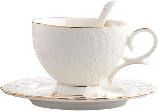 Vintage Bone China Tea Cups and Saucers - Rose Flower Teacup Set, 6.8 Oz, Euro Style for Tea Party and Christmas Gifts