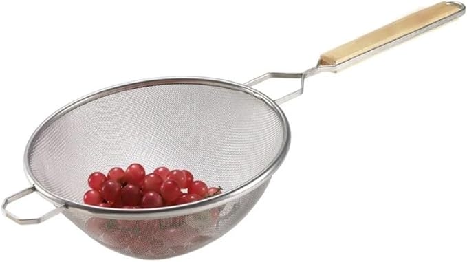 Soro Essentials- 10.25" Stainless Steel Single Coarse Mesh Strainer with Wooden Handle Pan Hook- Single Tinned Coarse Kitchen Food Strainer for Sift Drain Straining Liquids Stocks Sauces Soups Pasta