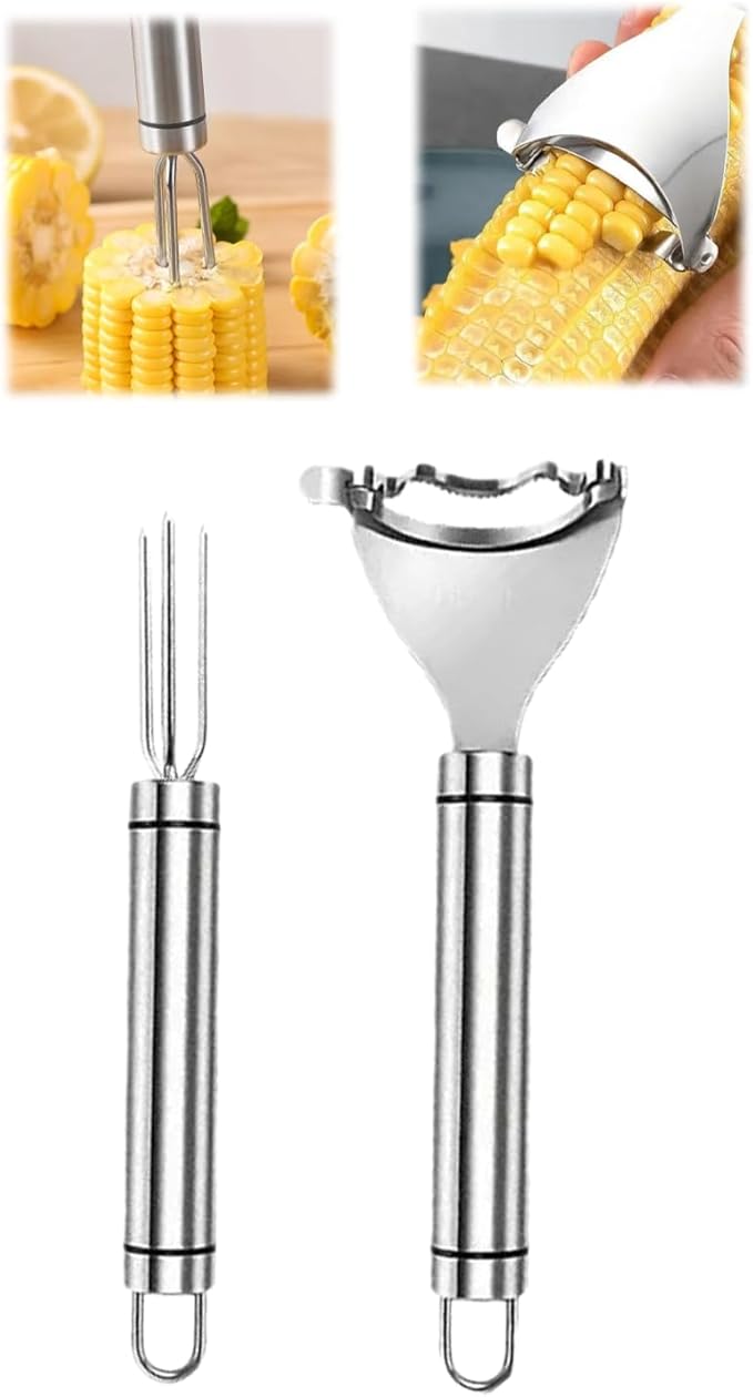 2PCS Corn Peeler Set – Stainless Steel Corn Stripper Tool with Peeler & Fork – Quickly Remove Kernels from Corn on the Cob – Dishwasher Safe, Easy Grip Handle, for Home & BBQ