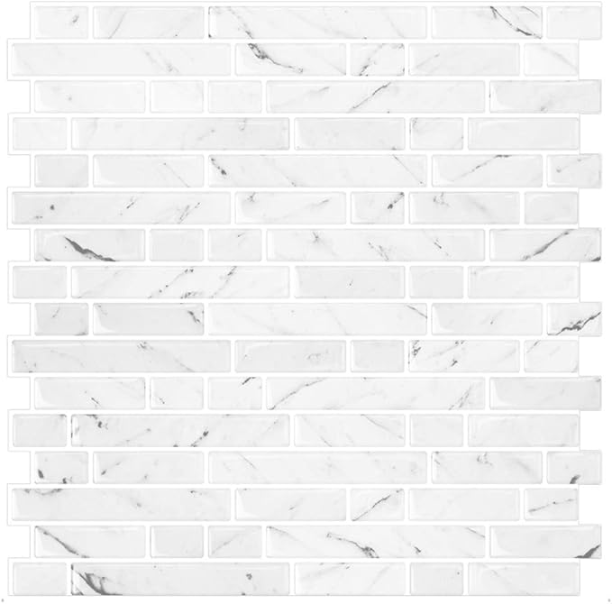 STICKGOO 10-Sheet White Marble Look Peel & Stick Backsplash, 12”X12” Stick on Wall Tiles for Kitchen Backspalsh (Thicker Design)