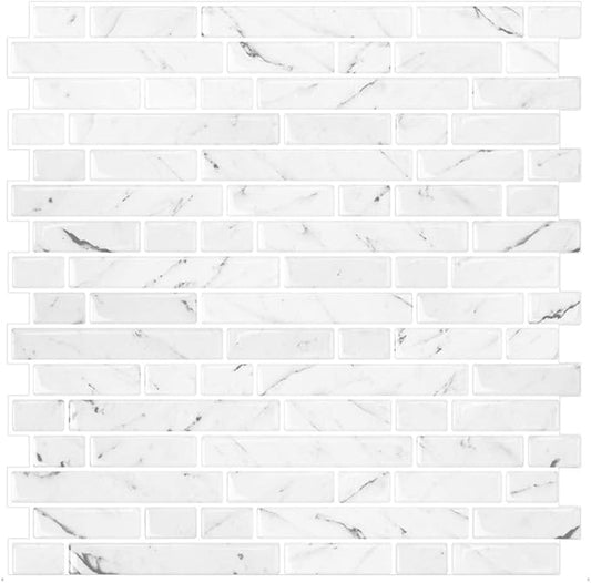 STICKGOO 10-Sheet White Marble Look Peel & Stick Backsplash, 12”X12” Stick on Wall Tiles for Kitchen Backspalsh (Thicker Design)