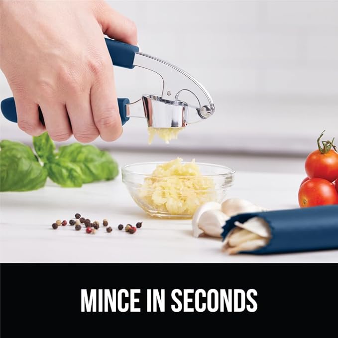 GORILLA GRIP Garlic Press and Peel Set, Heavy Duty Mincer Tool, Large Ergonomic Handle, Easily Mince and Crush Garlics, Ginger, Nuts, Seeds, Peeler Included for Peeling Cloves, Kitchen Gadgets, Blue