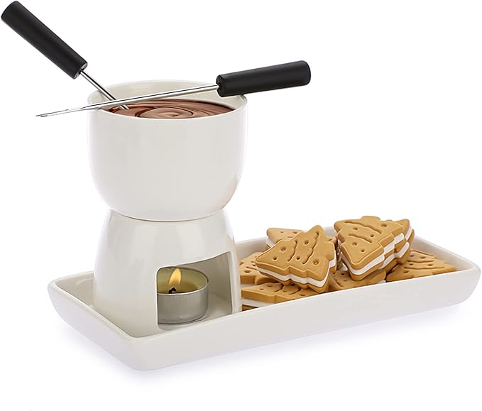 BSTKEY 150ML Ceramic Butter Warmer Set with Ceramic Rectangle Dish, Mini Fondue Pot Melting Pot Set, Melt Hot Pot Bowl Set For Cheese Chocolate Butter Caramel, with 2 Forks