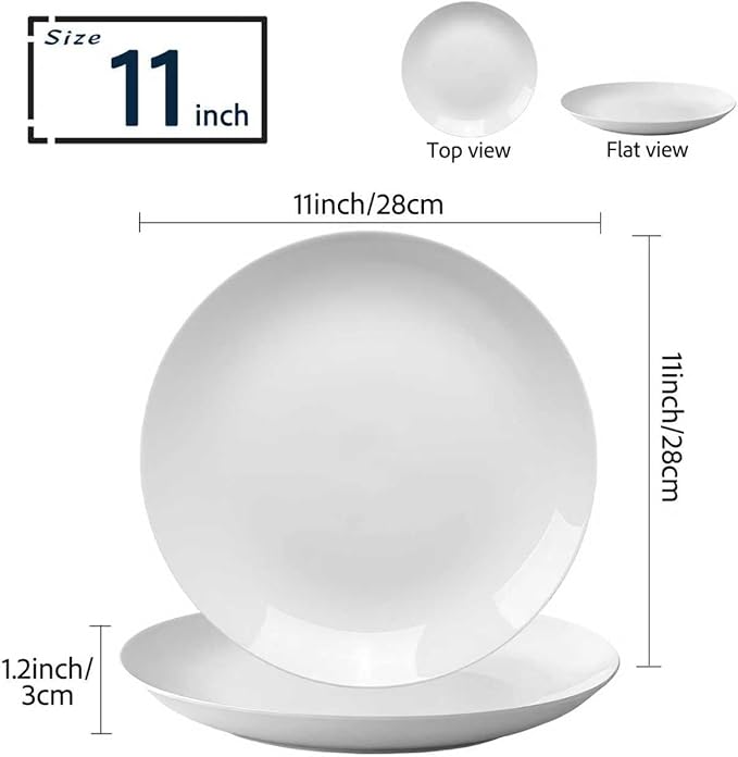 White Dinner Plates Set of 4, 11 Inch Ceramic Plates – White Porcelain Dinner Plates for Kitchen, Serving & Everyday Use, Microwave & Dishwasher Safe