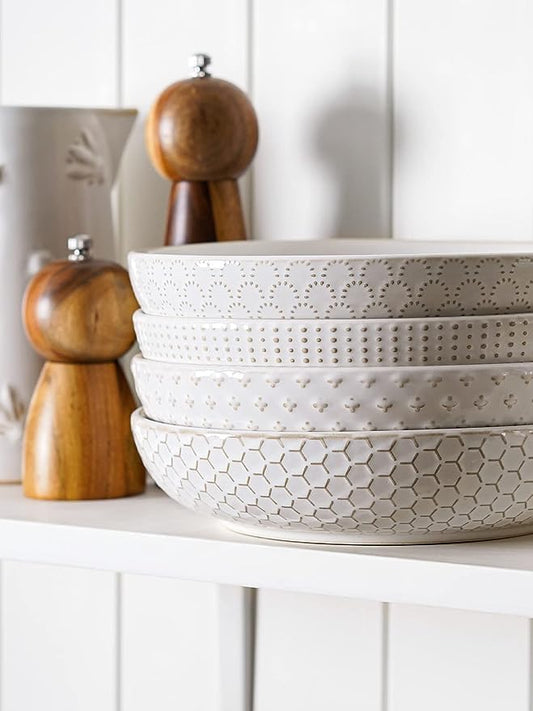 LE TAUCI Pasta Bowl 36 oz, Salad Bowl Serving Plate Bowls, Housewarming Wedding Present, Ceramic Embossment Bowl for Pasta, Fruits, Salad, Noodle, Dinner - 8 Inch, Set of 4, Arctic White