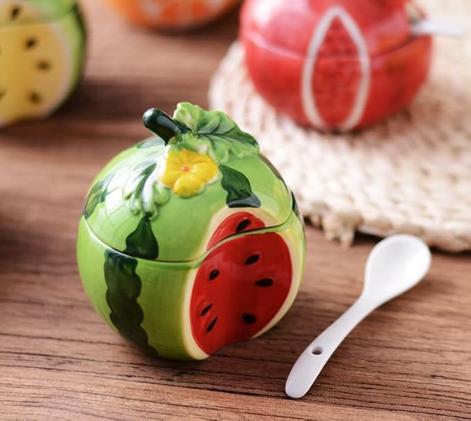Ceramics Fruit Shaped Sugar Bowl Salt Pot Pepper Storage Jar with Lid and Spoon Seasoning Box Condiment Pots (Watermelon)