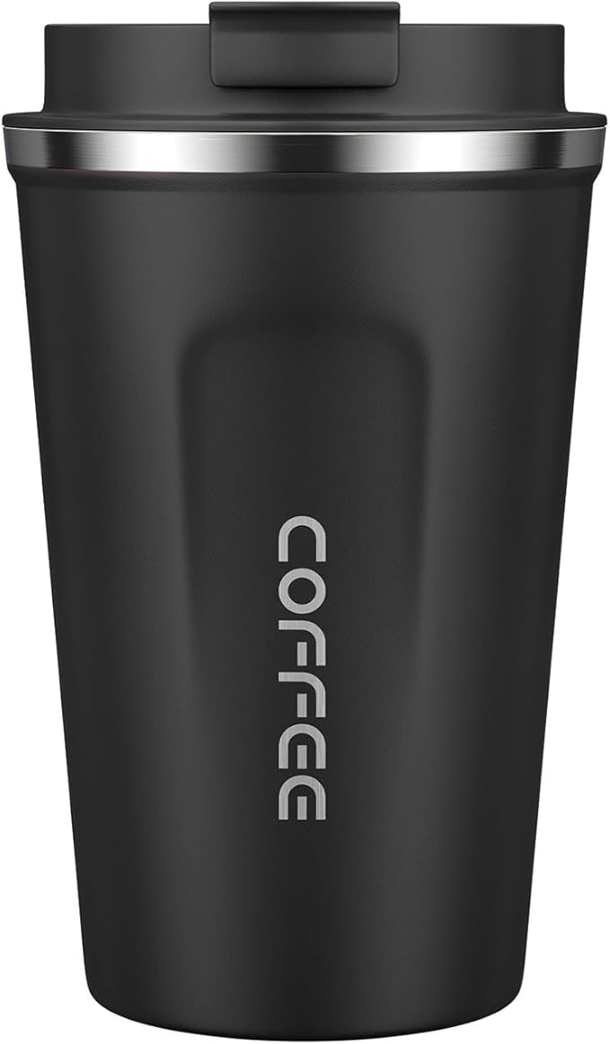 MOMSIV 12oz Travel Mug, Insulated Coffee Cup with Leakproof Lid, Vacuum Stainless Steel Double Walled Reusable Tumbler for Hot and Cold Water Coffee and Tea In Travel and Car Black