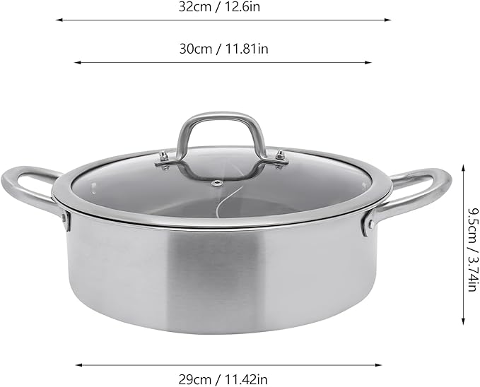 304 Food Grade Stainless Steel Shabu Shabu Hot pot with Divider&Lid,Leaky Spoon,Spoon,for Induction Cooktop Gas Stove Dual
